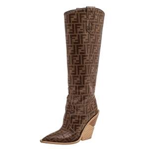 Fendi Brown FF Zucca Coated Canvas Knee Length Wooden Heel Boots Size 39