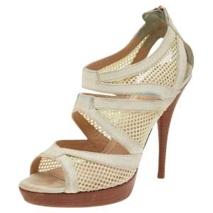 Fendi Off-White Suede And Mesh Cage Open-Toe Platform Sandals Size 38