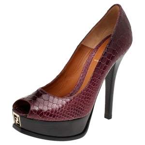 Pre Owned Fendi Burgundy Python Embossed Leather Fendista Peep Toe Platform Pumps Size 39