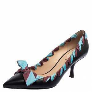 Fendi Black Leather And Woven Fabric Bow Pointed-Toe Pumps Size 38 