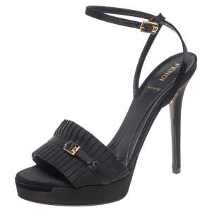 Pre Owned Fendi Black Canvas And Satin Ankle Strap Platform Sandals Size 38