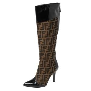 Pre Owned Fendi Brown Logo Canvas and Patent Leather Pointed-Toe Calf Boots Size 37
