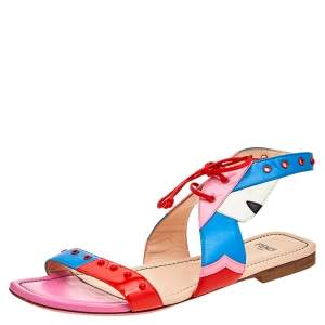 Fendi Multicolor Leather And Patent Leather Ankle Cuff Flat Sandals Size 37