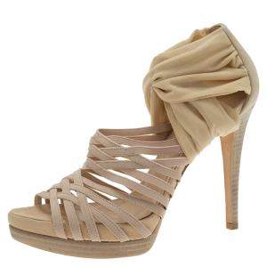 Pre Owned Fendi Beige Fabric and Suede Strappy Platform Sandals Size 37