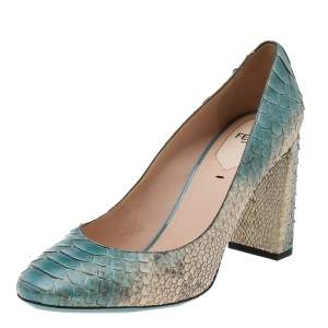 Pre Owned Fendi Blue Python Leather Block Heel Pumps Size 40