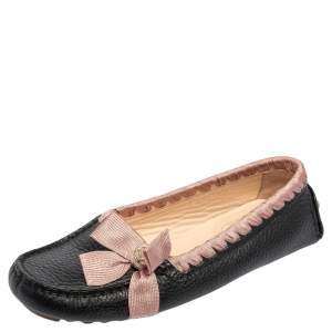  Fendi Black/Pink Leather And Fabric Bow Slip On Loafers Size 37