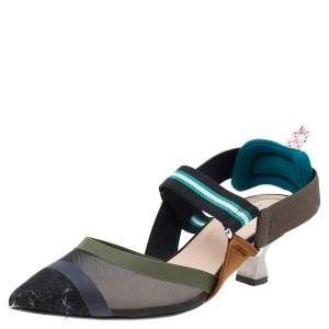 Pre Owned Fendi Multicolor Mesh And Fabric Colibri Pointed Toe Slingback Sandals Size 37.5