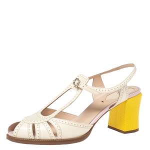 Pre Owned Fendi Off-White Cut-Out and Engraved Patent Leather Peep-Toe Block Heel Sandals Size 38