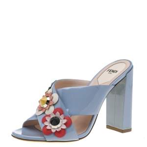 Pre Owned Fendi Light Blue Patent Leather Flowerland Cross Strap Block Heel Sandals Size 37