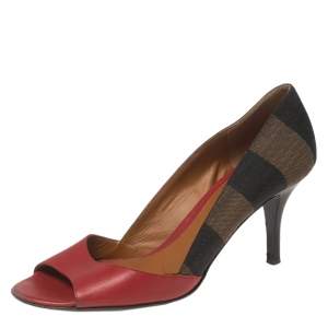 Pre Owned Fendi Tri-Color Leather And Pequin Canvas Open-Toe Pumps Size 35.5