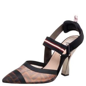 Pre Owned Fendi Brown/Black Zucca Mesh And Leather Colibri Slingback Sandals Size 39