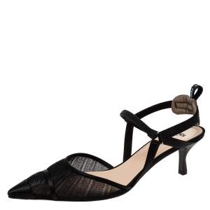 Pre Owned Fendi Black Mesh  And Satin Colibri Lite Slingback Pumps Size 39