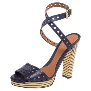 Pre Owned Fendi Navy Blue Perforated Leather Ankle Strap Platform Sandals Size 40