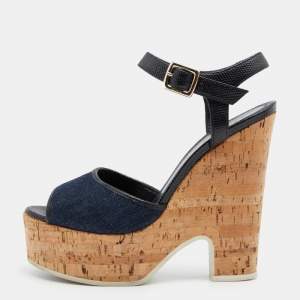 Pre Owned Fendi Navy Blue/Black Denim And Lizard Embossed Leather Cork Wedge Platform Ankle Strap Sandals Size 38
