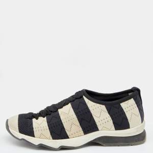 Fendi Black/Off-White Striped Fabric Slip On Sneakers 38.5