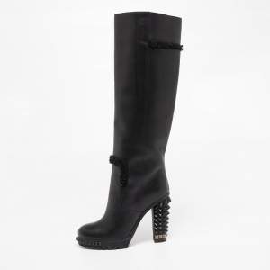 Pre Owned Fendi Black Leather Studded Knee  Boots Size 37