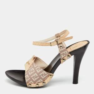 Pre Owned Fendi Multicolor FF Canvas And Leather Wooden Clogs Ankle Strap Sandals Size 39.5