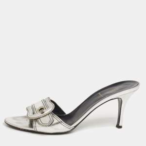 Fendi Silver Leather B Buckle Slide Sandals Size 38
