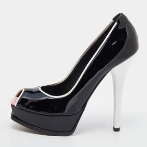 Pre Owned Fendi Black/White Patent Leather Fendista Platform Pumps Size 41