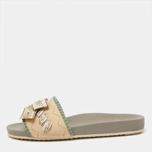 مملوكة مسبقًا Fendi Multicolor Stretch Knit Fabric Bow Rubber Flat Slides Size 38.5 