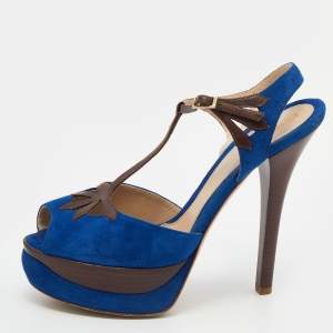 Fendi Blue/Brown Suede and Leather T-Bar Ankle-Strap Platform Sandals Size 38