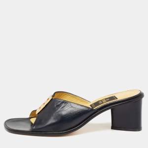 Pre Owned Fendi Dark Navy Blue Leather FF Slide Sandals Size 38