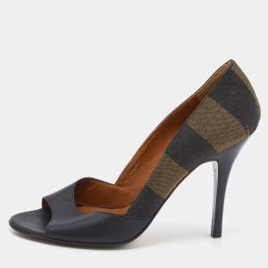 Pre Owned Fendi Black/Brown Leather And Pequin Canvas Open Toe Pumps Size 37