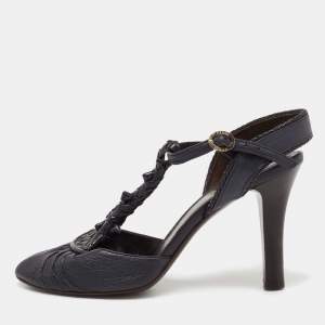 Fendi Navy Blue Leather T-Strap Peep Toe Ankle Strap Sandals Size 38.5