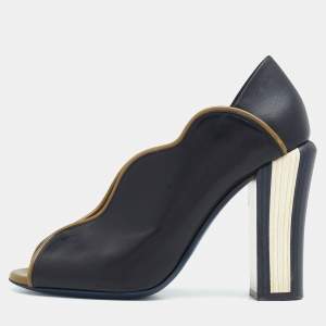 Pre Owned Fendi Black/Olive Green Wave Leather Foldable Heel Peep Toe Pumps Size 37