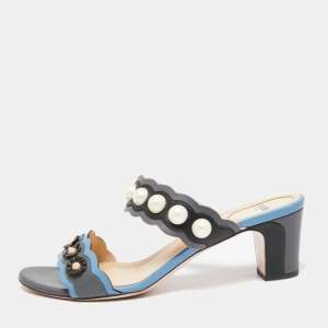 Fendi Multicolor Leather Faux Pearl Embellished Slide Sandals Size 40