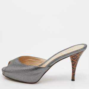 Fendi Silver Leather Slide Sandals Size 38