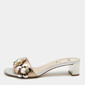 Fendi Metallic Bronze/Silver Leather Flowerland Sandals Size 38