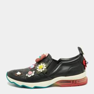 Pre Owned Fendi Black Leather Flowerland Slip On Sneakers Size 40