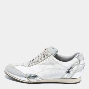 Pre Owned Fendi Silver/White Leather Low Top Sneakers Size 39