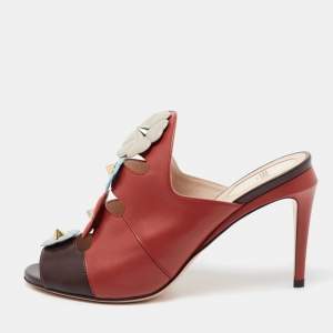 Pre Owned Fendi Red/Dark Brown Leather Flowerland Mule Sandals Size 38.5