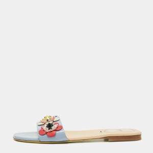 Fendi Blue Patent Leather Flowerland Flat Slide Sandals Size 40