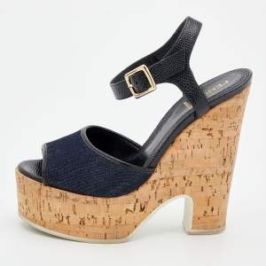 Pre Owned Fendi Navy Blue/Black Denim And Lizard Embossed Leather Cork Wedge Platform Ankle Strap Sandals Size 36
