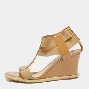 Pre Owned Fendi Beige Patent Leather And Elastic Fabric Carioca Wedge Espadrille Sandals Size 37.5 