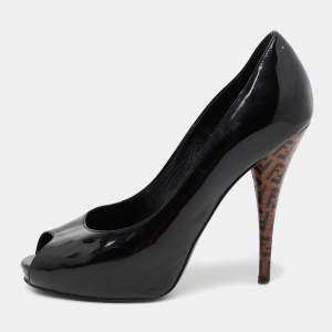 Fendi Black Patent Leather Zucca Print Heel Peep-Toe Pumps Size 38.5