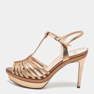 Pre Owned Fendi Metallic Gold/Bronze Leather T Strap Platform Sandals Size 39