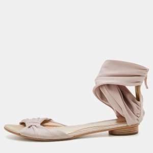 Fendi Metallic Light Pink Stretch Fabric And Leather Ankle Flat Sandals Size 40.5