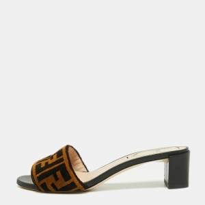 Pre Owned Fendi Brown Zucca Velvet Slip On Slides Size 35.5