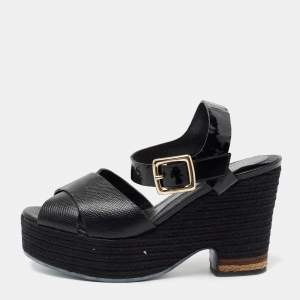 Fendi Black Lizard Embossed Leather and Patent Leather Hydra Ankle Strap Espadrille Sandals Size 39