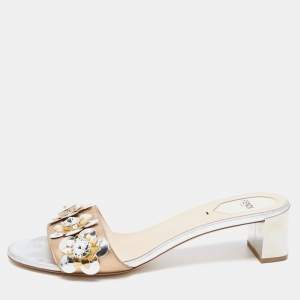 Pre Owned Fendi Bronze Leather Flowerland Embellished Block Heel Slide Sandals Size 40