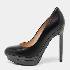 Pre Owned Fendi Black/Grey Leather and Lizard Embossed Heel Platform Pumps Size 37