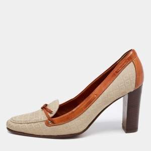 Pre Owned Fendi Beige/Brown Zucca Canvas And Leather Block Heel Pumps Size 36