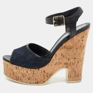Fendi Navy Blue Denim and Lizard Embossed Leather Cork Wedge Platform Ankle Strap Sandals Size 39