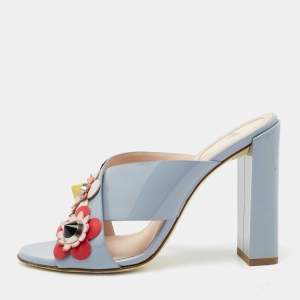 Fendi Light Blue Patent Leather Flowerland Block Heel Slide Sandals Size 39