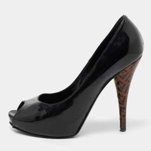 Pre Owned Fendi Black Patent Leather Zucchino Print Heel Peep-Toe Pumps Size 36.5