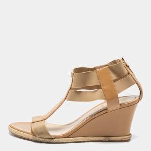 Fendi Beige Patent Leather and Elastic T-Strap Espadrille Wedge Sandals Size 41
